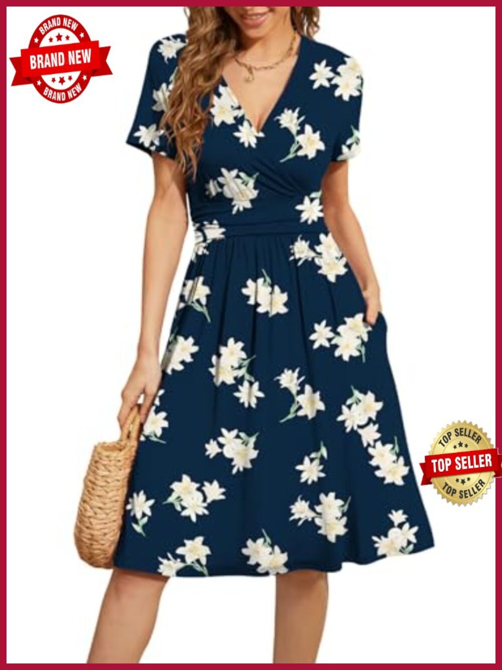 Women's Floral V-Neck A-Line Dress with Pockets Soft Stretchy Rayon Spandex